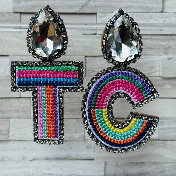 Oversized Letter Earrings T C Colorful Clear Rhinestones Stainless Steel Post - Picture 1 of 3